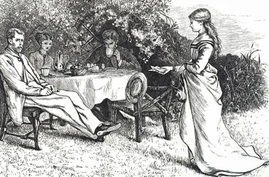 Illustrazione che raffigura una famiglia che fa colazione in giardino