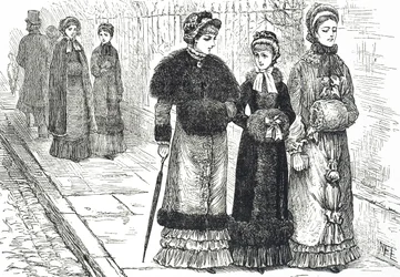 Illustrazione che raffigura giovani donne con manicotti per tenere le mani calde durante il freddo