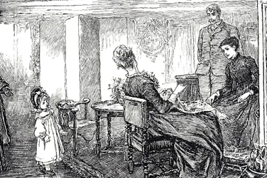 Illustrazione di una bambina accudita dalle sue zie e zio per un pomeriggio