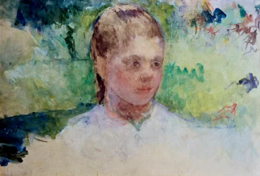 Testa di ragazza. Sfondo verde. Dipinto di Mary Cassatt (1845-1926). Acquerello.