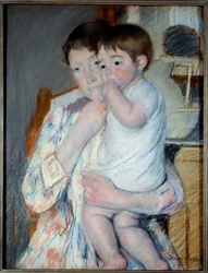 Donna e bambino davanti a un tavolo con marmellata e una ciotola. Dipinto di Mary Cassatt