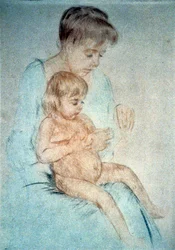 Donna con un piccolo bambino nudo in grembo mentre gli cura le unghie, 1904 circa. Mary Cassatt (1844-1926), pittrice e incisora americana che dal 1866 visse principalmente in Francia. Vita domestica, madre, bambino