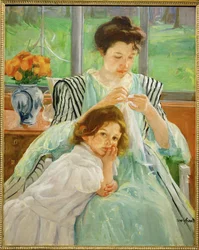 Giovane madre che cuce (pittura su tela)