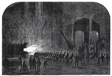 Processo di laminazione delle piastre corazzate per le navi di Sua Maestà agli Alas Steelworks, Sheffield, illustrazione da 