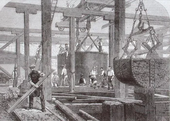 Veduta dei lavori di costruzione al Blackfriars Bridge per la London, Chatham and Dover Railway che mostra l