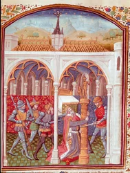 Assassinio di un re in miniatura tratto da “Casi di uomini e donne nobili sfortunati” (De casibus) di Giovanni Boccaccio detto Jean Boccaccio, tradotto da Laurent de Premierfait e miniato dal maestro di Dunois (XV secolo)
