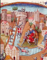 Conquista di una città fortificata (dettaglio). Miniatura tratta da "De casibus" di Giovanni Boccaccio, tradotto da Laurent de Premierfait e illuminato dal maestro di Dunois