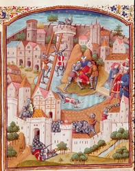 Conquista di una città fortificata. Miniatura tratta da "De casibus" di Giovanni Boccaccio, tradotto da Laurent de Premierfait e illuminato dal maestro di Dunois