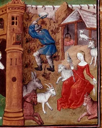 Rappresentazione di Adamo che raccoglie la terra ed Eva che fila la lana dopo essere stati cacciati dal Paradiso terrestre. Miniatura tratta da “Des cas des nobles hommes et femmes infortunes” (De casibus) di Giovanni Boccaccio detto Jean Boccace (1313-137