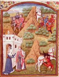 Seleuco I Nicatore e suo padre Antioco re di Asia e Siria. Uno dei due re viene assassinato, caduta del cavallo. Miniatura tratta da “Des cas des nobles hommes et femmes infortunes” (De casibus) di Giovanni Boccaccio detto Jean Boccaccio