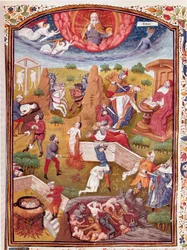 Visione di Boccaccio: scena di tortura, impiccagione, massacro. Miniatura tratta da "De casibus" di Giovanni Boccaccio detto Jean Boccaccio (1313-1375), scrittore italiano, tradotto da Laurent de Premierfait