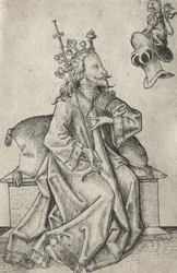 Le piccole carte da gioco: Secondo seme: Elmi: Carta da gioco con re ed elmo
