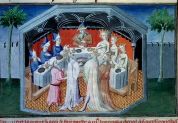 Fratelli Nicolo e Matteo Polo, padre e zio del giovane Marco Polo (1254-1324) ricevuti alla corte di Qubilai (Kubilai Khan, primo imperatore della dinastia mongola Yuan (1215-1294), imperatore mongolo nel 1271. Miniatura tratta da