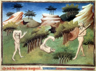 Mostri della terra dei Merkiti descritti da Marco Polo. Miniatura tratta da "Il Libro delle Meraviglie" ("Descrizione del mondo", "Il Milione") di Marco Polo (1254-1324), illustrata dal Maestro di Egerton