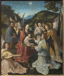 Sacra Famiglia con angeli e sante Caterina e Barbara Trittico, pannello centrale