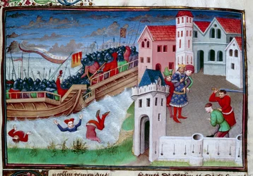 Scena di battaglia e decapitazione. Illustrazione del romanzo "Il Decameron" di Giovanni Boccaccio