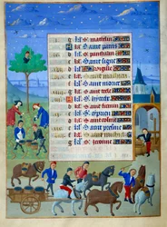 Vendemmia e trasporto pagina di manoscritto miniato dal “Libro d