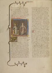 Salomone con figura femminile coronata che regge una ruota che illustra il volgere delle stagioni