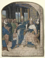 Miniatura da uno Speculum Historiale: Claudio designa Nerone come suo successore, 1447-60