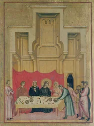 Santa Cecilia e scene della sua vita (dettaglio del pannello in alto a sinistra che mostra Santa Cecilia che mangia a un tavolo)