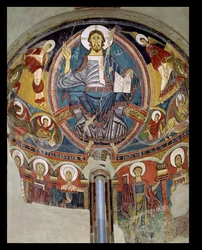Cristo in Maestà affiancato da serafini e simboli degli Evangelisti, affresco dell