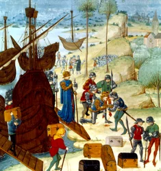Re Edoardo III che arriva a Saint Vaast La Hogue il 12 luglio 1346, illustrazione dalle Chroniques d