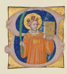 Illustrazione manoscritta con Santo Stefano in una iniziale S, da un antifonario, italiano, ca. 1410-2