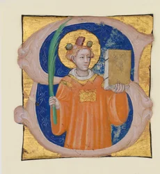 Manoscritto Miniato con Santo Stefano in una Iniziale S, da un Antifonario, ca. 1410-20