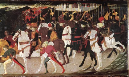 Decameron di Boccaccio: storia di Alatiel, figlia del sultano di Babilonia Beminedab, dettaglio che rappresenta cavalieri e paggi