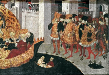 Decameron di Boccaccio: il castellano Pericone accoglie Alatiel, figlia del sultano di Babilonia Beminedab e il suo seguito sull