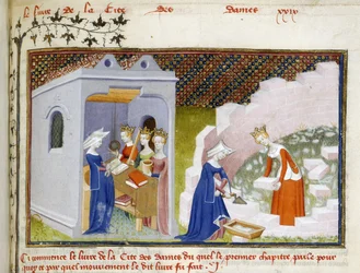 Dettaglio di una miniatura di Christine davanti alle personificazioni di Ragione, Rettitudine e Giustizia e Christine con Ragione che costruisce la Città delle Dame