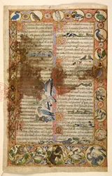 Add. 28841, f.1, bordure geometriche a piena pagina di rombi, medaglioni e quadrilobi abitati da animali e scene figurative: uccelli, rettili e animali, tra cui leoni che attaccano altre creature e uccelli che combattono tra loro, un gallo, un gufo, un
