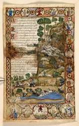 Add. 28841, f.1v: Bordi geometrici a tutta pagina di rombi, rosoni e quadrifogli abitati da animali e scene figurative: Pastori che sorvegliano pecore e capre e combattono contro i lupi, un diavolo rosso a cavallo nel bordo, da un Trattato