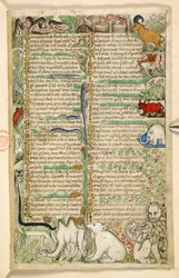 Add. 28841, f.3: Cannibali, una città murata e animali esotici tra cui una giraffa, un leone, un cammello e un elefante, da un Trattato sulle Virtù e i Vizi, e una storia anonima in prosa della Sicilia (frammento), c.1330-40