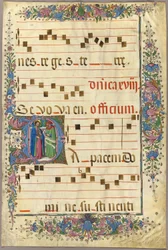 Pagina da un libro corale con Cristo e un fariseo in una lettera istoriata "D"
