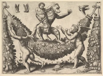 Una scimmia che tiene un putto legato in piedi su una ghirlanda davanti alla quale ci sono due putti alati