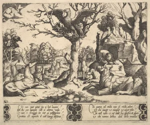 Una fenice seduta su un albero, ali aperte, una varietà di animali sotto, 1530-60