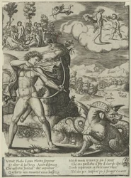 Apollo uccide Pitone, tavola uno da La storia di Apollo e Dafne