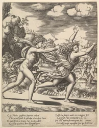 Apollo che insegue Dafne che alza le braccia
