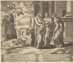 Tavola 15: Psiche racconta le sue disgrazie alle sue sorelle, da La favola di Psiche, 1530-60