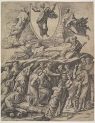 La Trasfigurazione di Cristo che appare al centro in alto, sotto di lui varie figure, 1530-60