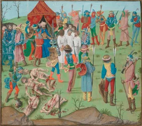 Battaglia di Nicopol dopo il massacro dei cristiani come vendetta per il massacro di Rahova. Jean Froissart, Cronache, Fiandre, Bruges