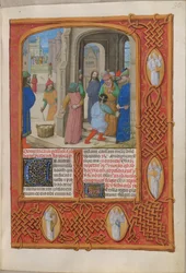 Temporale (1ª parte: dalla Prima Domenica di Avvento al Sabato Santo). Gli ebrei minacciano di lapidare Cristo per blasfemia nel Tempio di Salomone (Domenica della Passione). Bordo contenente angeli. Due colonne di testo.