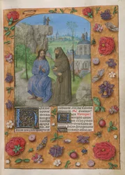 Tentazione di Cristo. Temporale; Quaresima 1. Cristo con il diavolo, vestito da monaco, che tiene una pietra. Dietro, le altre tentazioni; Cristo e il diavolo su una roccia e sulla cupola del Tempio. Testo con iniziale decorata 