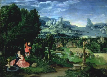 Il riposo durante la fuga in Egitto, paesaggio dipinto da Joachim Patinir