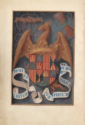Ore di Isabella la Cattolica, Regina di Spagna: Fol. 1v, Stemmi e motti di Isabella la Cattolica