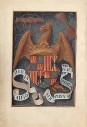 Ore di Isabella la Cattolica, regina di Spagna: Fol. 1v, stemmi e motti di Isabel..., c1500