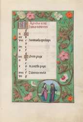 Ore di Isabella la Cattolica, regina di Spagna: Fol. 5r, aprile - Scudiero e damigella, c. 1500