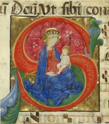 Illustrazione di manoscritto con la Vergine e il Bambino in una iniziale S, da un Antifonario