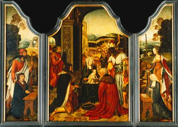 Trittico: Adorazione dei Magi, con San Giacomo che presenta il donatore e Santa Caterina d